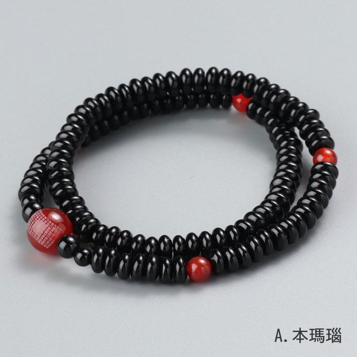 【限定品】【選べる天然石2種】数珠ブレスレット 108玉 黒オニキス 1玉心経彫り 高級桐箱 | 数珠 パワーストーン はな花 | 01