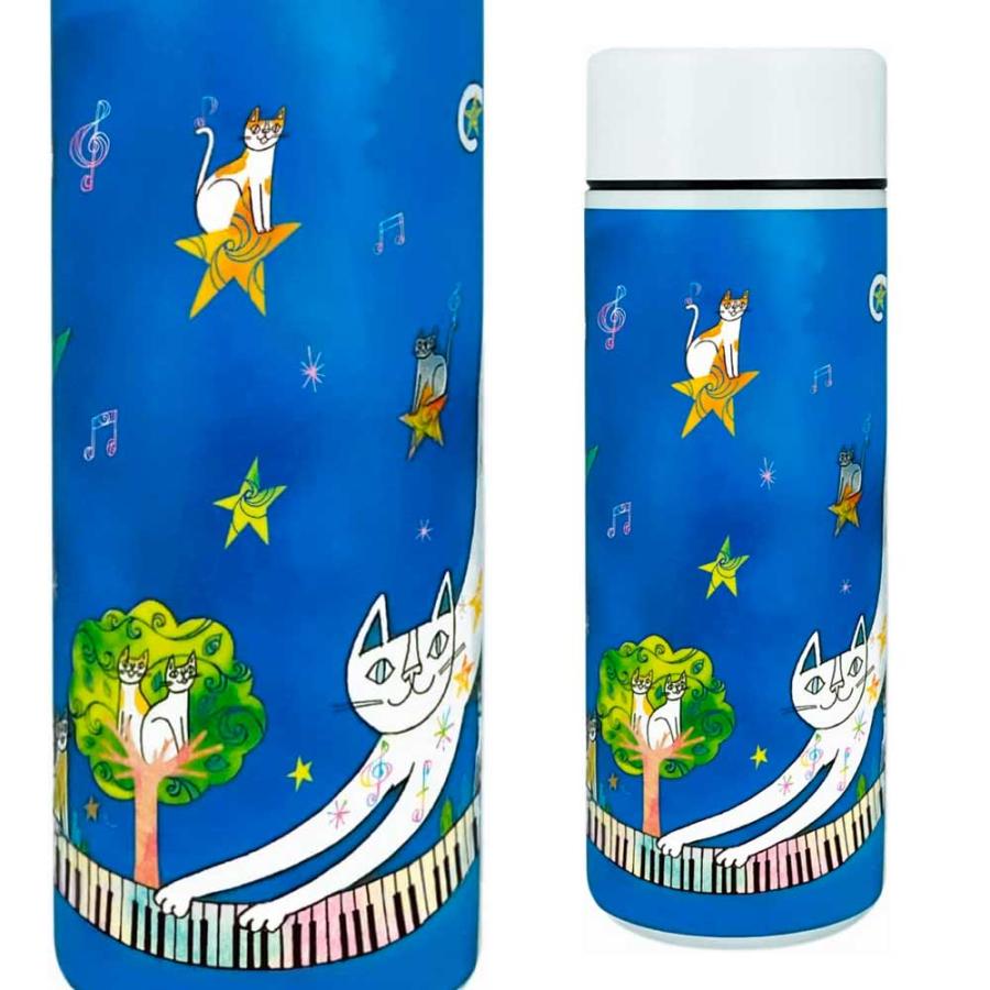 【ねこ画家 おかべてつろう　スクリュー式 ステンレスボトル300ml「音楽は心を軽くしてくれる魔法みたい」】猫デザイン 保温・保冷機能付き |  | 01