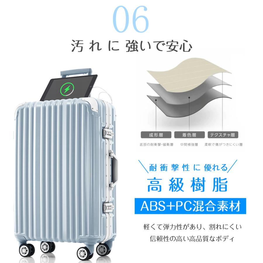 スーツケース USBポート Mサイズ アルミ ストッパー付き カップホルダー キャリーケース キャリーバッグ  大容量 超軽量 軽い ダブルキャスター suitcaseの画像