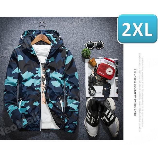 175】 迷彩 ウィンドブレーカー フード付き ブルー 2XL メンズ