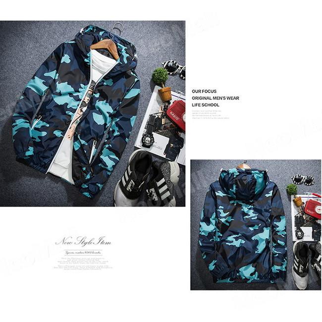 175】 迷彩 ウィンドブレーカー フード付き ブルー L メンズ ナイロン