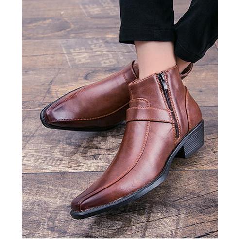 サイドジッパー メンズ ビジネス レザー シューズ ブラウン 革靴 靴