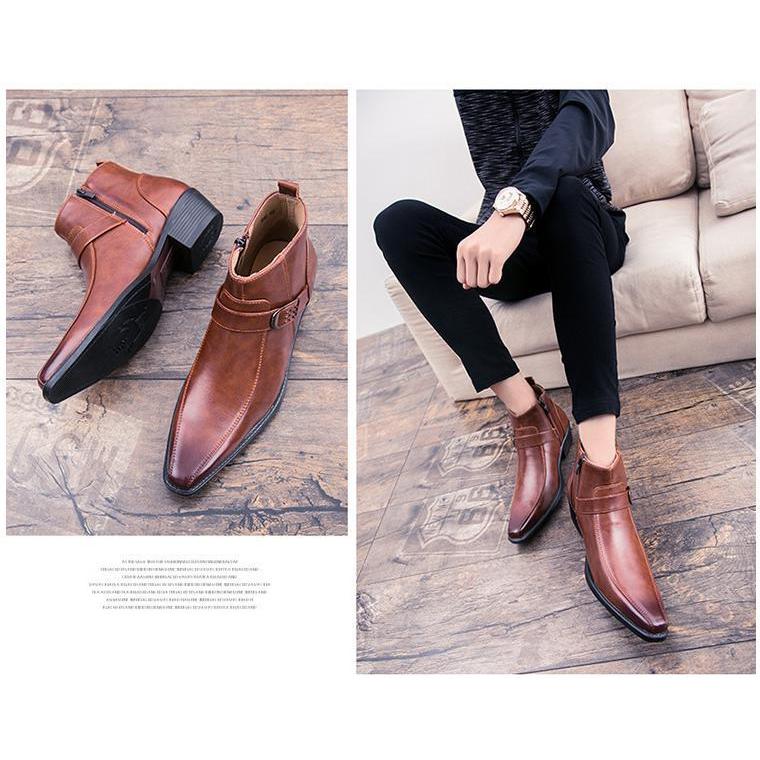 サイドジッパー メンズ ビジネス レザー シューズ ブラウン 革靴 靴