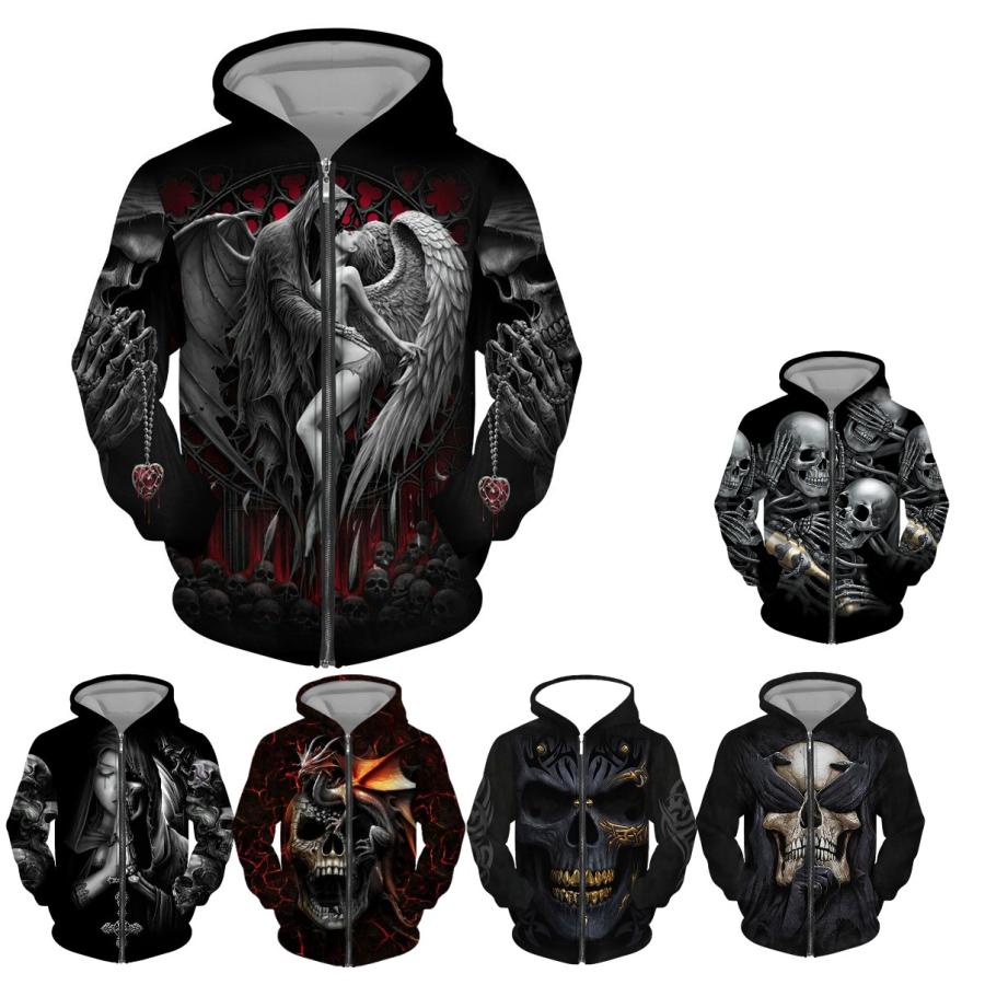 スカルプリント 黒 フード付きナイロンパーカー フード付き ドクロ ジップアップパーカー アウター 防寒 髑髏 骸骨