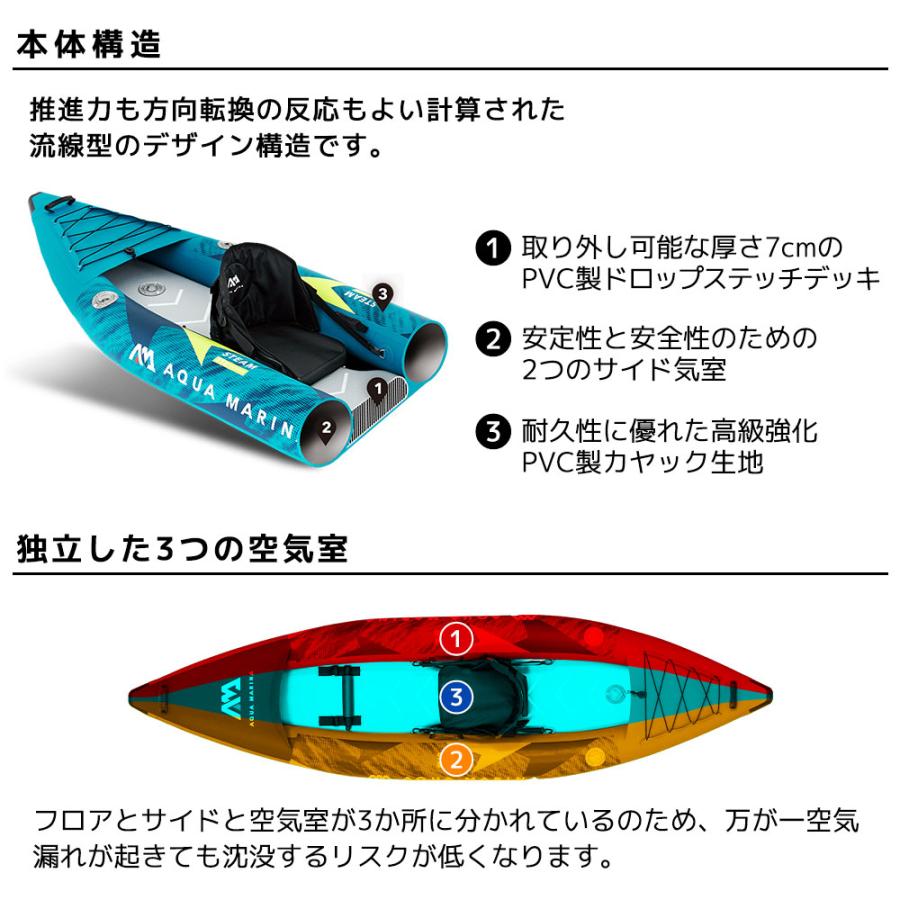 カヤック インフレータブル Steam スチーム 1人乗り  AQUA MARINA アクアマリーナ カヌー ダッキー アウトドア 釣り ゴムボート ビニール 空気注入式 | AQUA MARINA | 03