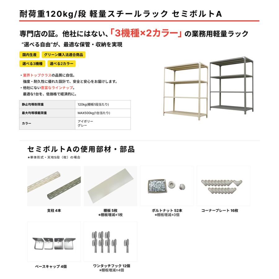 スチールラック 業務用 高さ150 幅180 奥行45cm 2段 120kg/段(セミボルトA) 単体 重量(24kg)の画像