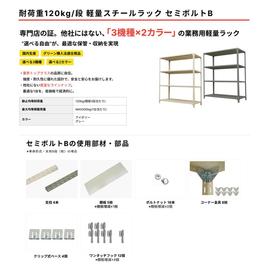 スチールラック 業務用 高さ120 幅87.5 奥行45cm 5段 120kg/段(セミボルトB) 単体 重量(25kg)の画像