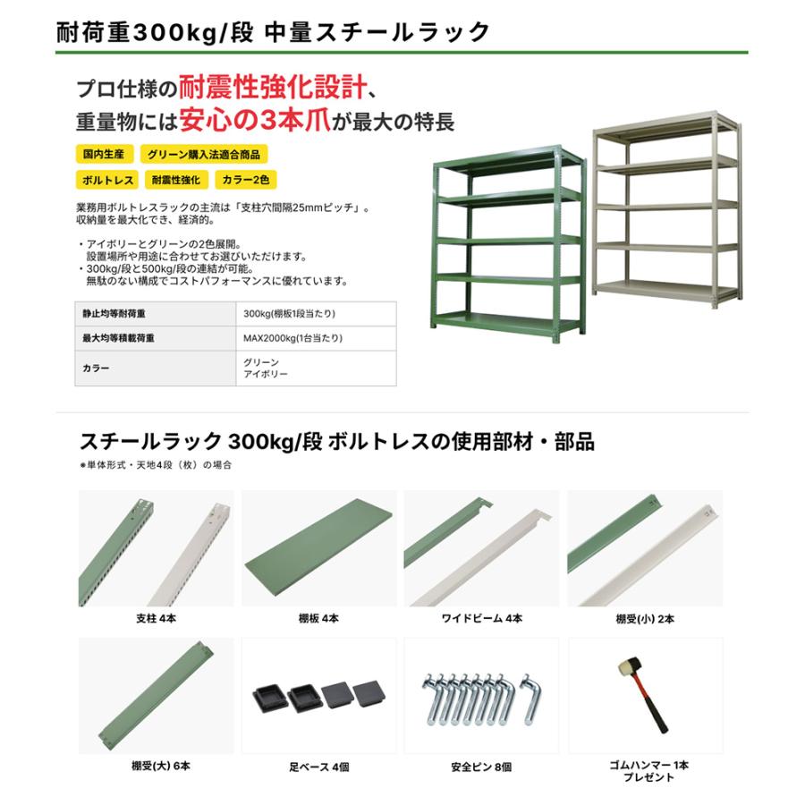 スチールラック 業務用 高さ90 幅120 奥行45cm 8段 300kg/段(ボルトレス) 単体 重量(78kg)_3