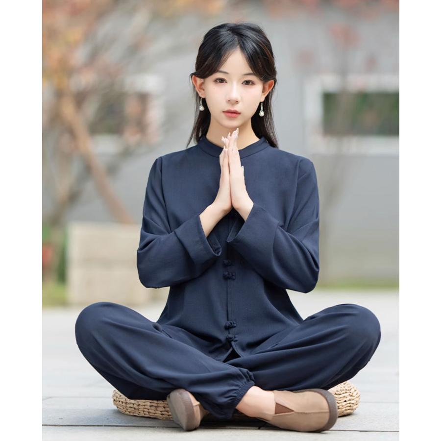 太極拳 ベロア調 太極服 上下 L サイズ 男女両用 藏青色【新品】 レディース 太極拳着 【chaiはポイント最大3倍】 カンフー服 長袖 上下