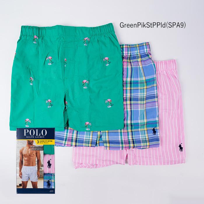 ポロ ラルフローレン トランクスタイプ 3枚セット POLO RALPH LAUREN 1/20 P3 CLASSIC FIT WOVEN BOXERS NCWBP3 Green Pink Blue Navy Green 前開き｜nest001｜03