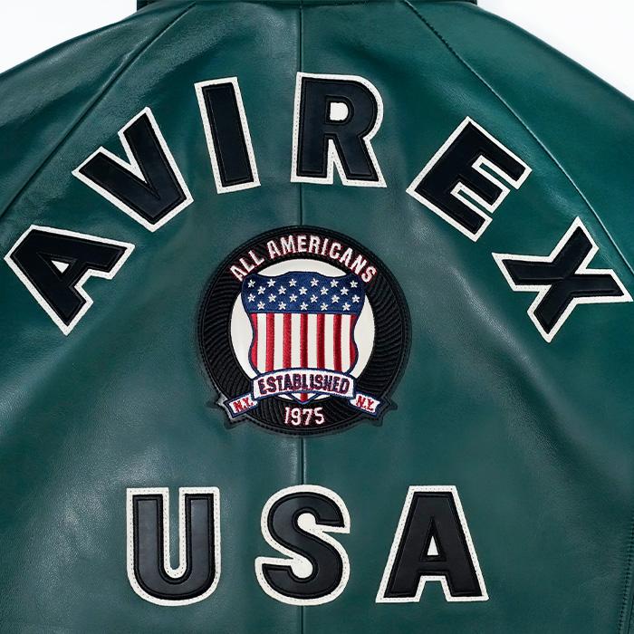 アヴィレックス バーシティジャケット AVIREX ICON JACKET AVF25IO21 Hunter アイコンジャケット ハンター グリーン スタジャン レザージャケット メンズの画像