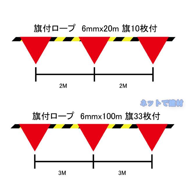 旗付トラロープ 6mm×20m 5巻セット 三角旗付き カラーフラッグ 標識
