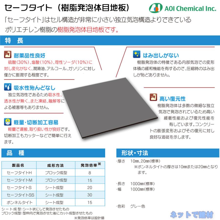 セーフタイト SSタイプ 厚み10ｍｍ 1枚 1000mm×1000mm 樹脂発泡体目地板 発泡倍率30倍 構造物用目地板 目地材 aoi アオイ化学工業｜net-de-kenzai｜02