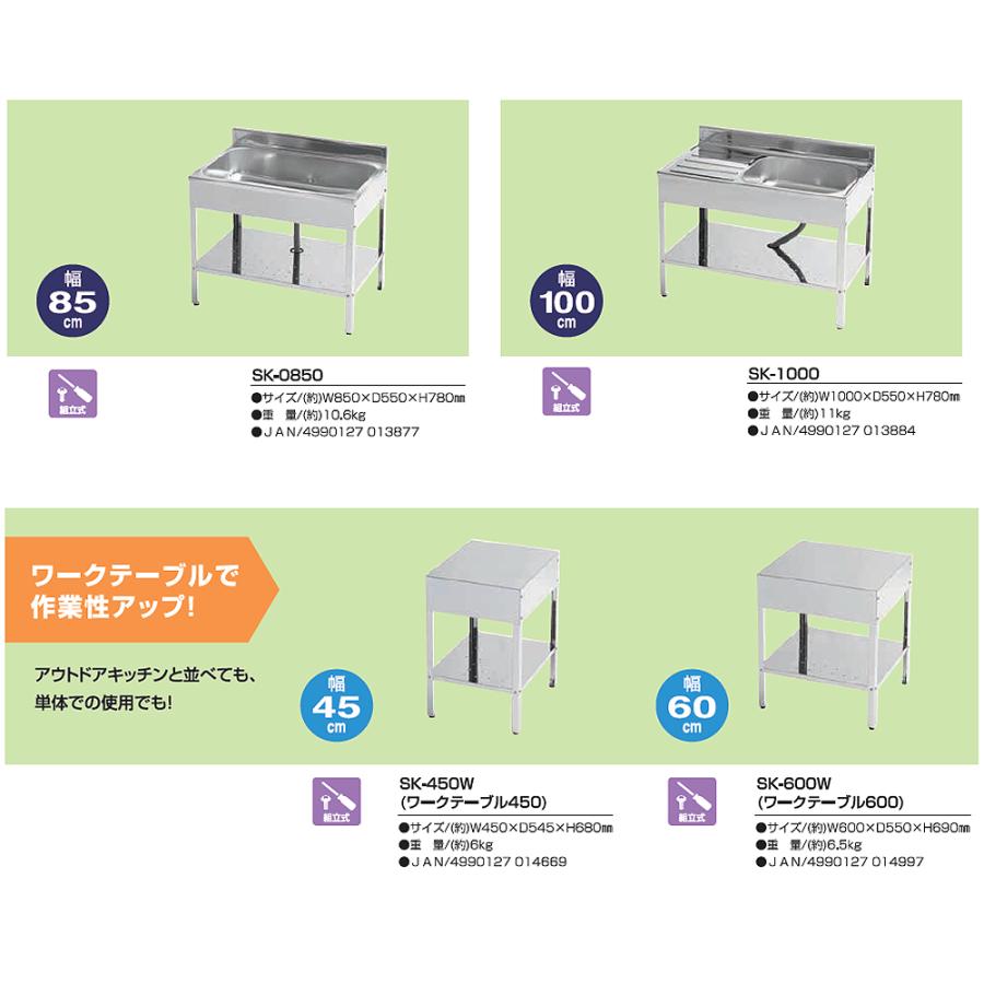 サンタさん ステンレスシンク付き作業台　1500×600×780 WDT-12060 ステンレス作業台(片面引出付/三方枠仕様)(SUS430) シンコー