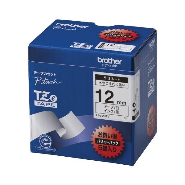 (まとめ）ブラザー BROTHER ピータッチ TZeテープ ラミネートテープ 12mm 白/黒文字 業務用パック TZE-231V 1パック(5個)〔×3セット〕