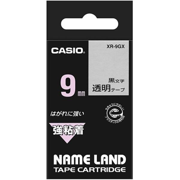 (まとめ) カシオ CASIO ネームランド NAME LAND 強粘着テープ 9mm×5.5m 透明／黒文字 XR-9GX 1個 〔×10セット〕