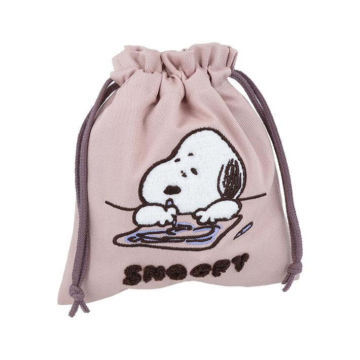 SNOOPY（スヌーピー） サガラ刺繍巾着 PEANUTS happiness time レター