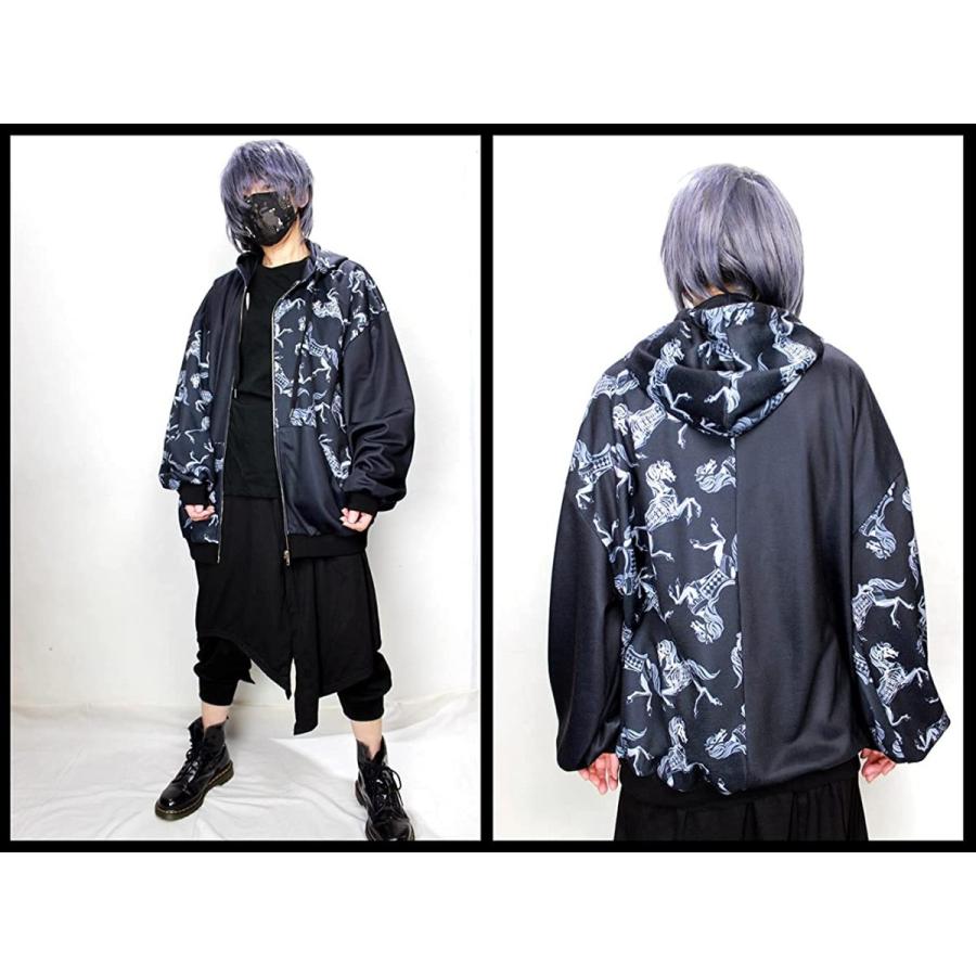 春夏新作 ロージエイト スケルトンポニィ 総柄切替ジップパーカー メンズ レディース Dxmouve ドラハニ V系 ゴシック Zip ブラック トレーナー Panero Shop