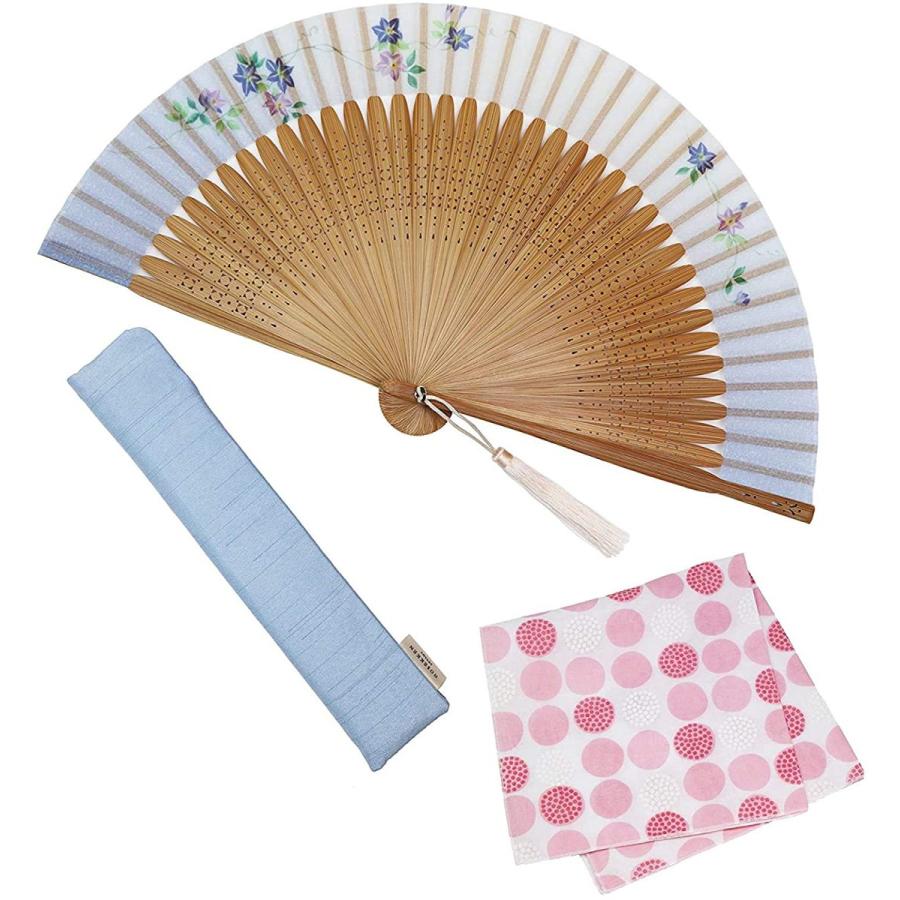 大阪 長生堂 ハンカチ付セット ビジネス レディース 和装小物 女性用 季節の花 扇子 扇子入れ 鉄線 高級 円高還元 扇子