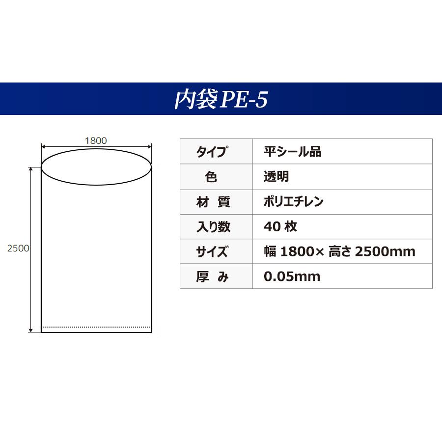 内袋　PE-5　平シール品　透明　フレコンバッグ用　40枚入　排出口なし　ポリ袋　一般用　幅1800x高さ2500x厚み0.05mm　上部全開　平シール