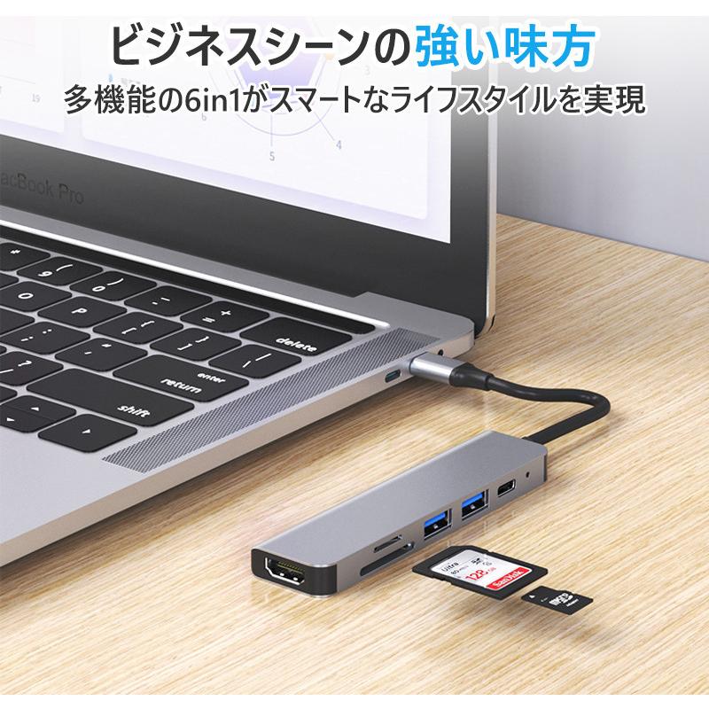 USB Type-C ハブ 6in1 SDカードリーダー HDMI ポート 4K PD対応 3.0 