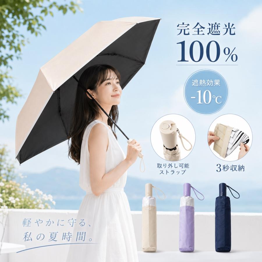 しいちゃん 日傘 折りたたみ傘 完全遮光 ネイビー 日傘 折りたたみ傘 3秒でたためる 形状記憶 自動開閉 晴雨兼用 完全