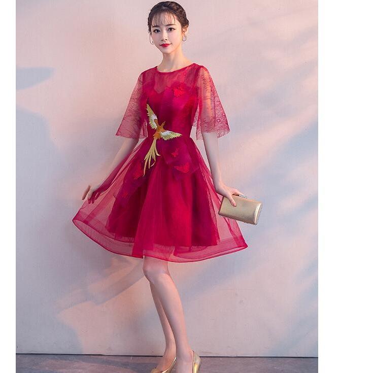 カラードレス ミニ パーティードレス コンサート ワンピース 花嫁ウェディングドレス結婚式 披露宴 二次会 演奏会 公演礼装 写真撮影衣 ウエディングドレス ドレス ブライダル カラー レッド