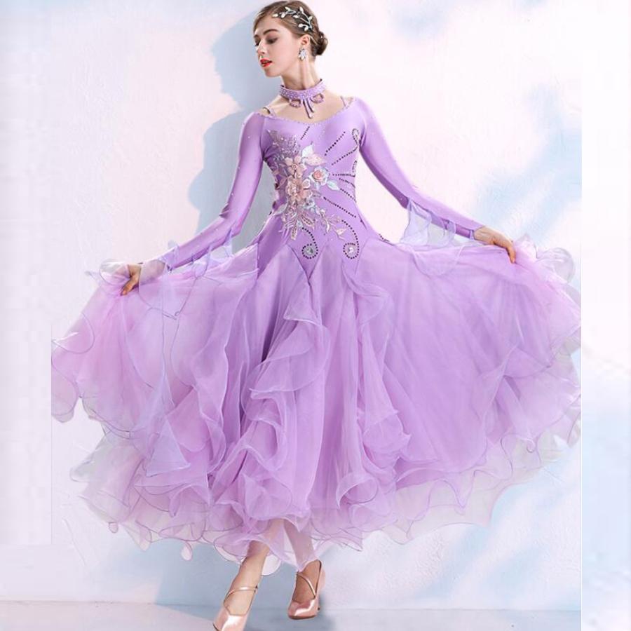 即納最大半額 社交ダンスドレス モダンダンス 立体刺繍 紫 華やかな M