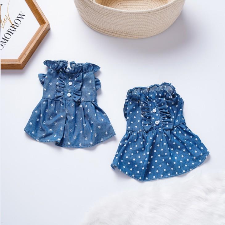 超可愛い! 新作 秋服 小型犬用 女の子 デニム風 キャミソール 水玉 ドット お出かけ 洋服 ワンピース ドッグウェア ペットウェア おしゃれ【a258】【送料無料】 | 
