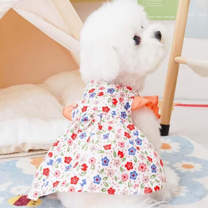 超可愛い! 新作 秋服 小型犬用 女の子 Dカン フリル袖 小花柄 ワンピース お出かけ ドッグウェア ペットウェア おしゃれ お散歩【a260】【送料無料】 |  | 03