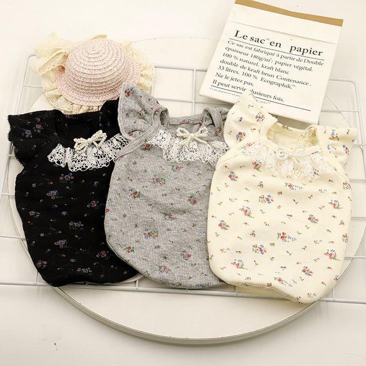 【新規】超可愛い! 秋服 小花柄 リボン パール モノトーン カットソー トップス 重ね着 犬用 猫用 おしゃれ ドックウエア【a352】【送料無料】 | 