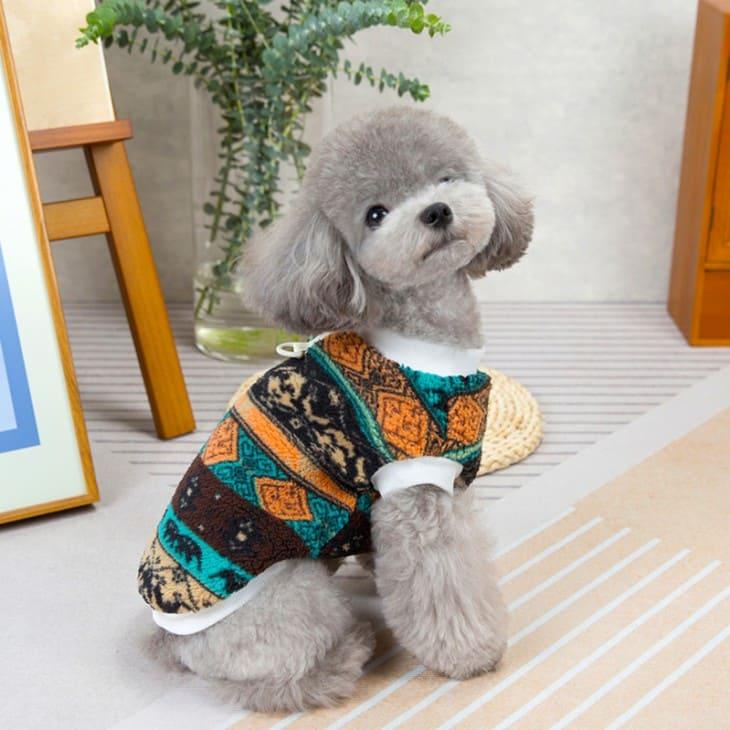 超可愛い! 冬 犬 服 かわいい Dカン付き エスニック チマヨ フェアアイル ノースリーブ ベスト ふわふわ もこもこ あったか 防寒 ペットウエア【a413】 |  | 02