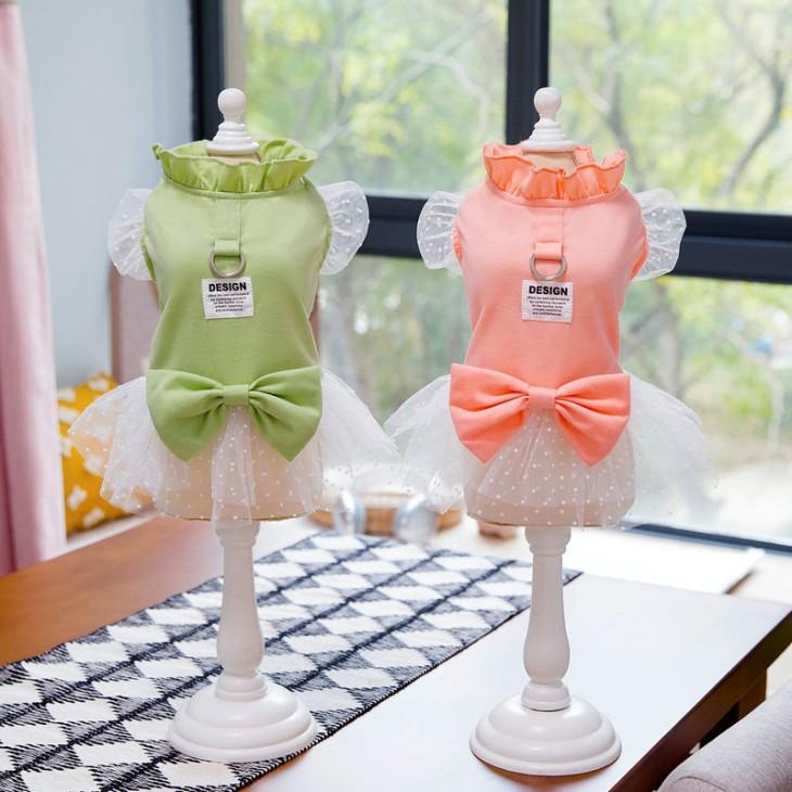 NEW! かわいい 春夏 犬服 猫服 小型犬用 女の子 チュールレース ワンピース リボン付き ペット服 おしゃれ お出かけ メール便OK【a452】 | 