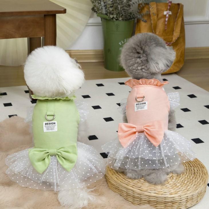 NEW! かわいい 春夏 犬服 猫服 小型犬用 女の子 チュールレース ワンピース リボン付き ペット服 おしゃれ お出かけ メール便OK【a452】 |  | 01