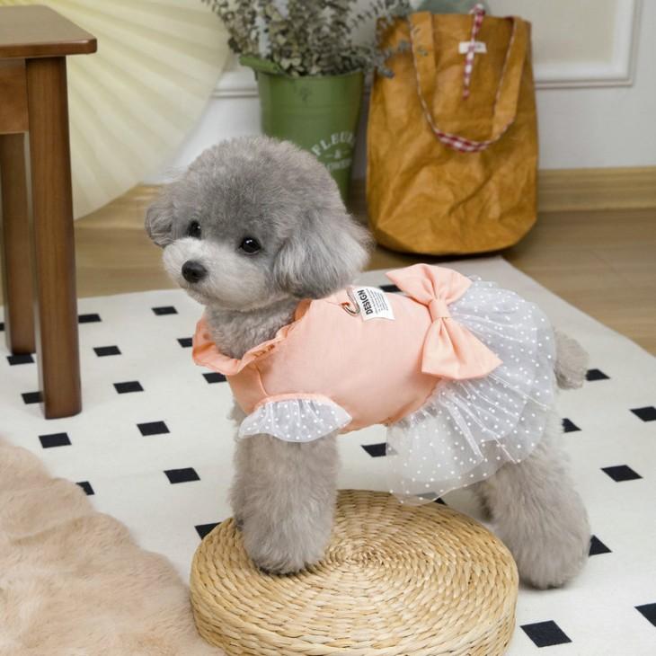 NEW! かわいい 春夏 犬服 猫服 小型犬用 女の子 チュールレース ワンピース リボン付き ペット服 おしゃれ お出かけ メール便OK【a452】 |  | 03