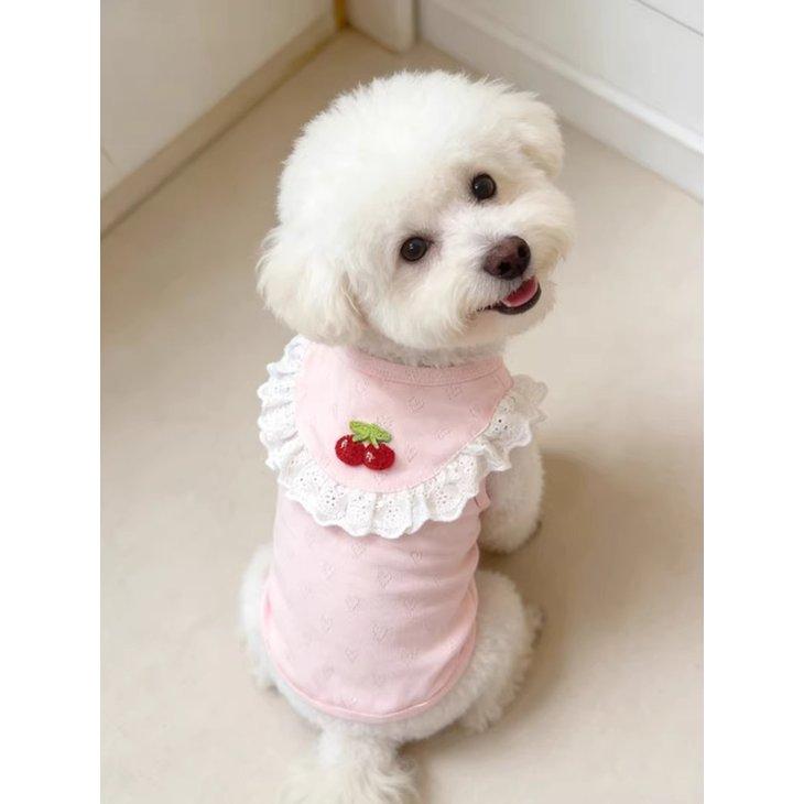 犬服 秋冬 小型犬 ワンピース ドッグウェア フリル レース風 袖なしトップス 風 チェリー【a515】 |  | 06