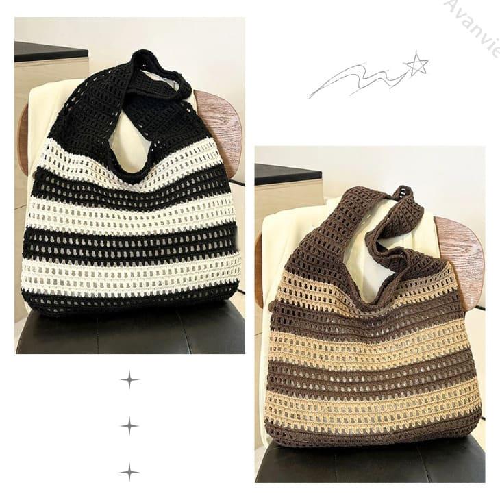 最終値下げ】かぎ編み風バッグ ストライプ ボーダー柄 夏バッグ