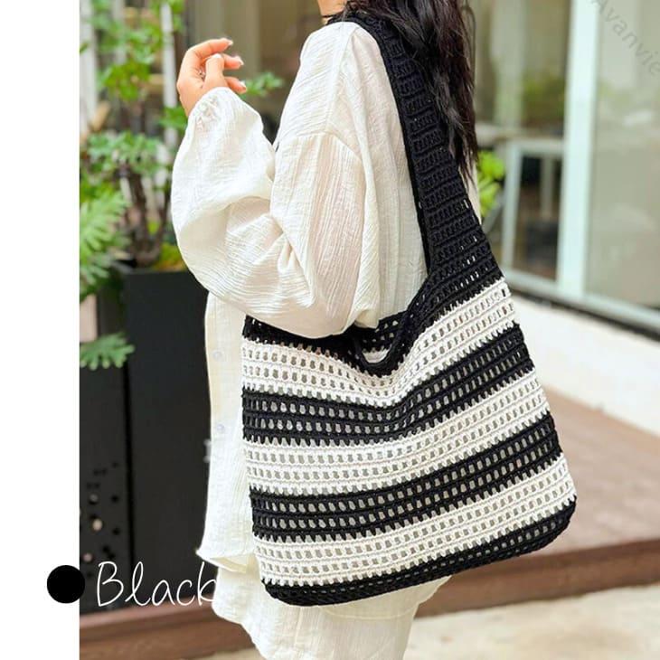 最終値下げ】かぎ編み風バッグ ストライプ ボーダー柄 夏バッグ