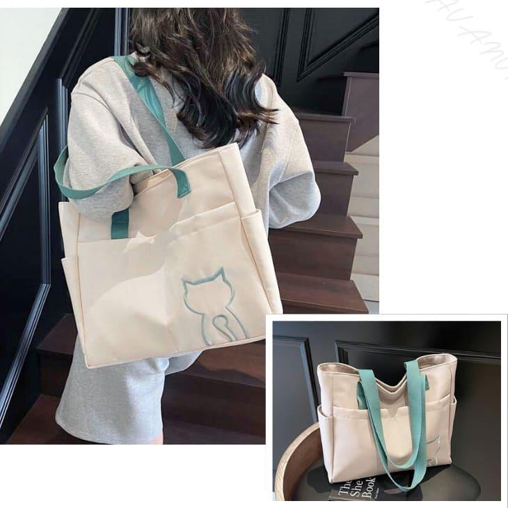 トートバッグ 猫 キャット ワンポイント 刺繍 猫好き かわいい サイドポケット 収納 大容量 通勤 通学 デイリーバッグ お出かけ マザーズバッグ【z158】 |  | 13