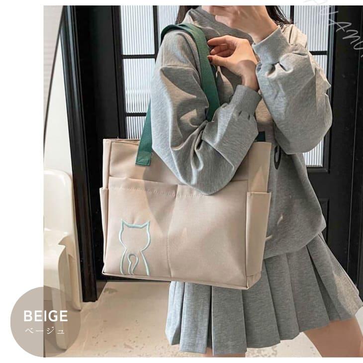 トートバッグ 猫 キャット ワンポイント 刺繍 猫好き かわいい サイドポケット 収納 大容量 通勤 通学 デイリーバッグ お出かけ マザーズバッグ【z158】 |  | 14