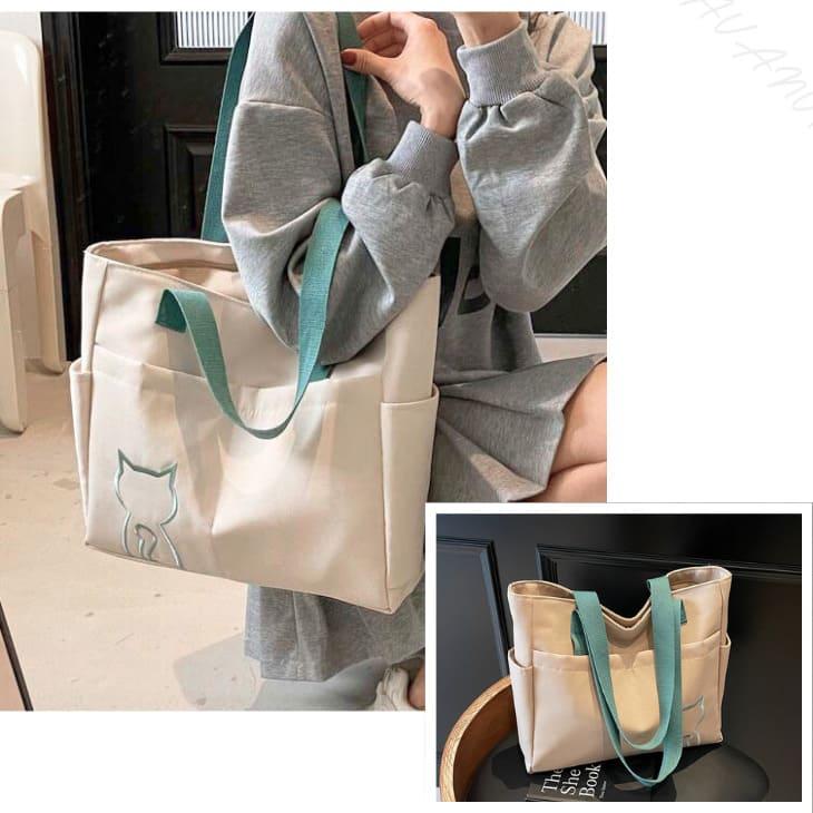 トートバッグ 猫 キャット ワンポイント 刺繍 猫好き かわいい サイドポケット 収納 大容量 通勤 通学 デイリーバッグ お出かけ マザーズバッグ【z158】 |  | 15