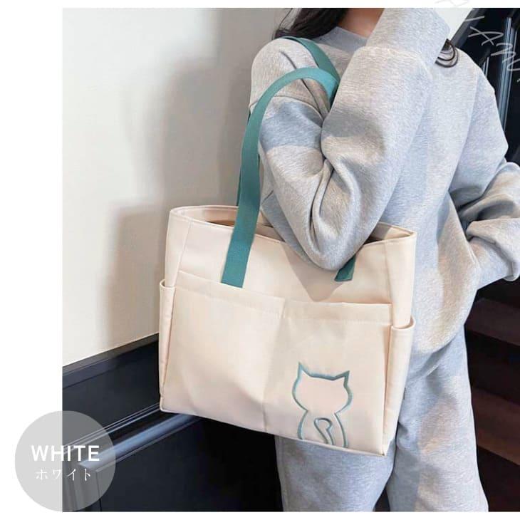 トートバッグ 猫 キャット ワンポイント 刺繍 猫好き かわいい サイドポケット 収納 大容量 通勤 通学 デイリーバッグ お出かけ マザーズバッグ【z158】 |  | 12