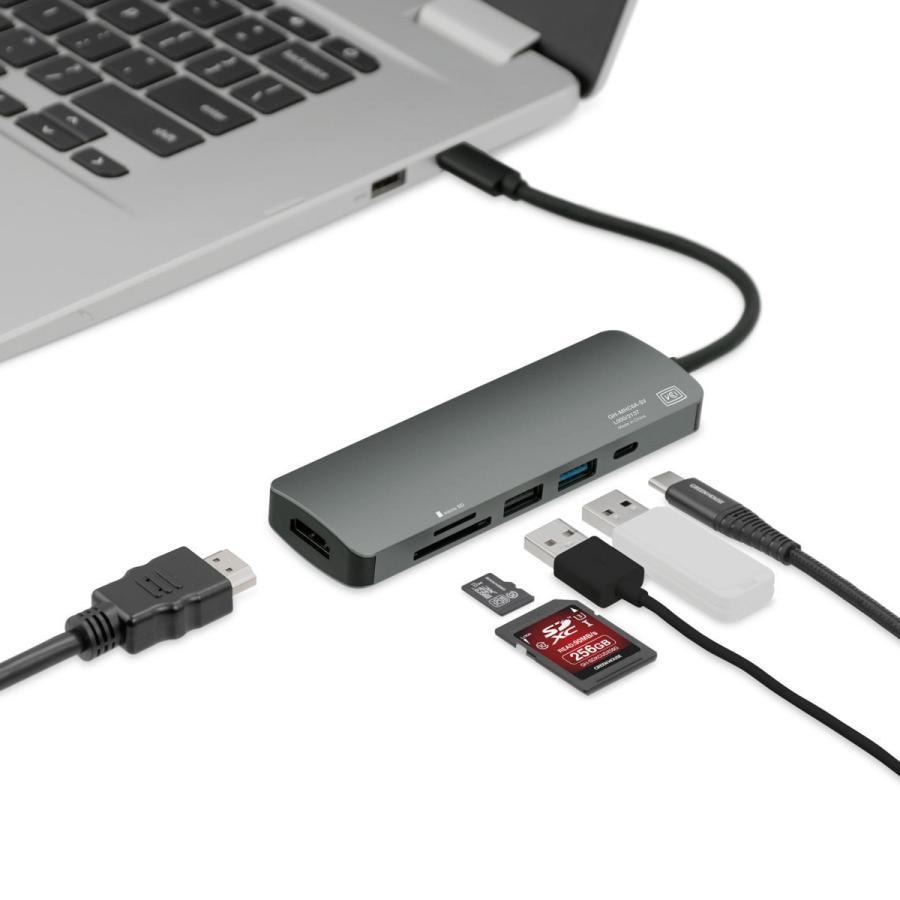 送料無料 ドッキングステーション カードリーダー USB+CR+HDMI+PD60W給電 USB Type-C USB3.1 Gen1 6in1 グリーンハウス GH-MHC6A-SV/8721｜netjigyoubu｜03