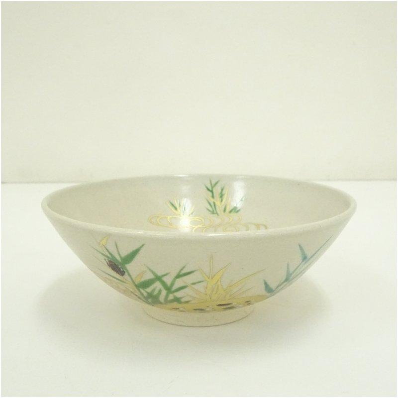 膳所焼　岩崎新定造　色絵芦に蛇篭文平茶碗（堀内家十二代宗完兼中斎書付）（共箱）_1