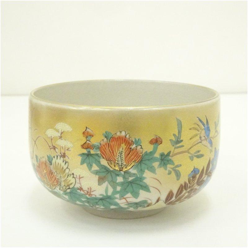 九谷焼 錦山造 秋草画茶碗（共箱） 茶道具 色絵 菊に紅葉絵 茶碗