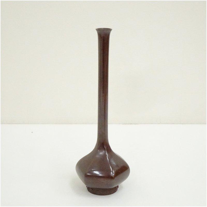 一ノ瀬宗辰造 淡々斎好紫銅鶴首亀甲花入（共箱） : 茶道具と掛軸の