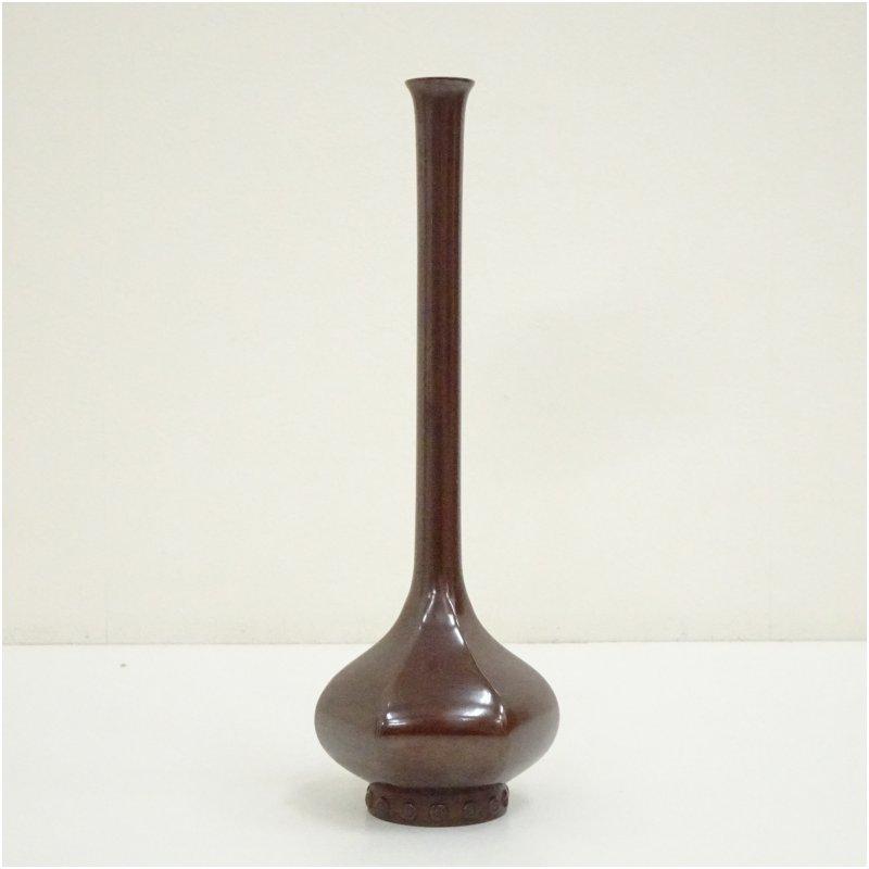 Ｗ６６２　花入　『紫銅　淡々斎好　鶴首亀甲　花入』『一ノ瀬宗辰 造』　共箱　花器 一ノ瀬宗辰造 淡々斎好紫銅鶴首亀甲花入（共箱） : 茶道具と掛軸の