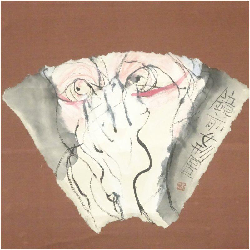 野村清六筆　仕度　鏡前女形図　肉筆紙本掛軸（共箱）_1
