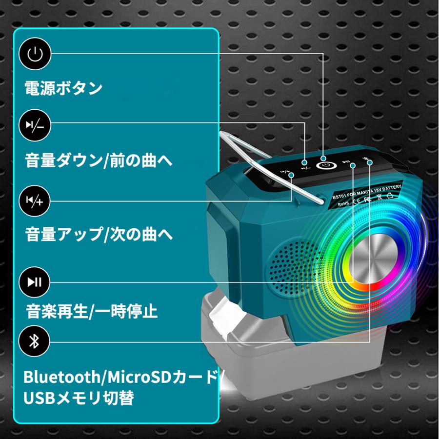 Bluetooth5.0 充電式スピーカ マキタ18Vバッテリー用 USBメモリと