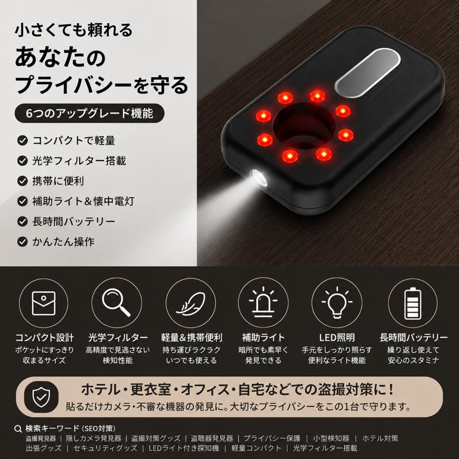 小型盗撮カメラ探知器 隠しカメラ発見器 盗撮検知器 盗撮対策グッズ 多機能 LEDライト＆補助赤フラッシュライト搭載 日本語取説付き |  | 03